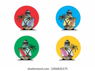 Diseño ilustrativo de un árbol de coco y tabla de surf en una lámpara de bombilla