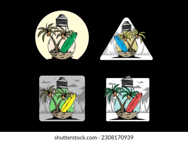 Illustration design of a Coconut tree and surfing board in a bulb lamp