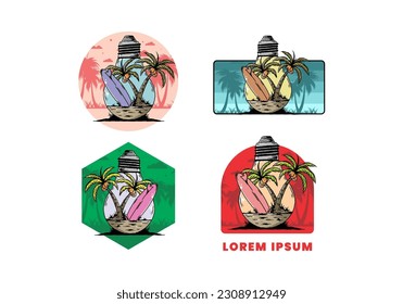 Illustration design of a Coconut tree and surfing board in a bulb lamp