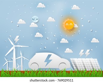 illustration design concept of eco car electric vehicle and renewable energy, paper art and craft style of ecological