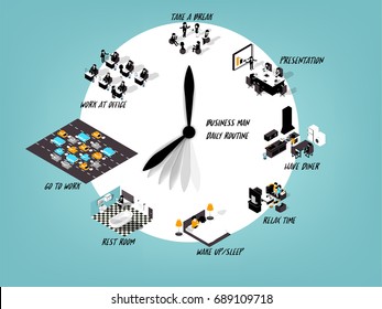 Illustration Design Concept Of Everyday Life,  Daily Routine Of Business Man, Clock Design Concept Of Schedule Working Day Business Man 