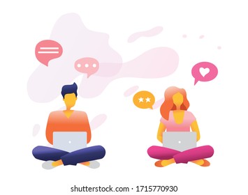 Illustration design concept male and female work from home. Men and women work at home to prevent virus infection home activity, covid 19 prevention. Flat cartoon girl and boy vector illustration