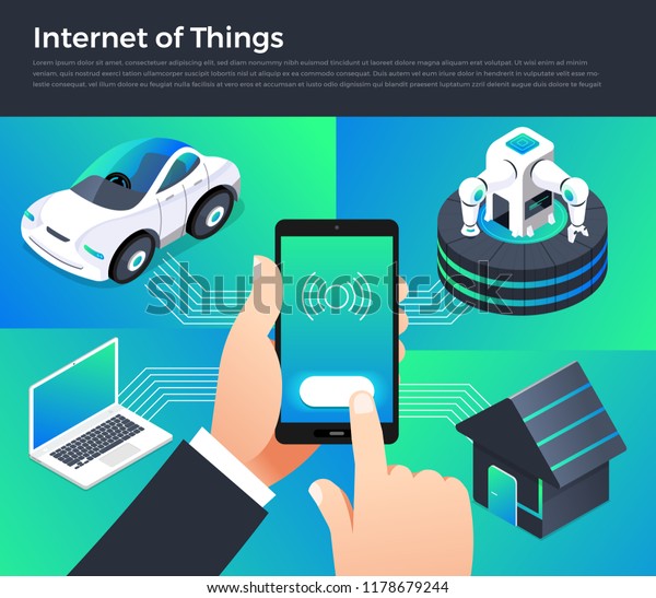 Illustration design concept technology\
solution of internet of things. Control smart devices with mobile\
on hand. Vector\
illustrate.