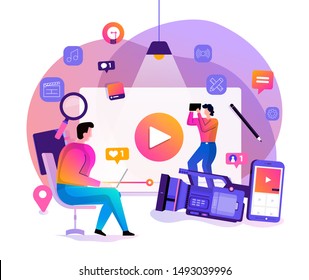 Illustration design concept VLOG. Video marketing by vlogger creation film production and online content. Motion graphic education. Vector illustrate.