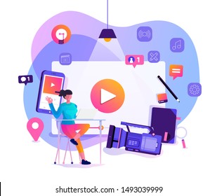 Illustration design concept VLOG. Video marketing by vlogger creation film production and online content. Motion graphic education. Vector illustrate.