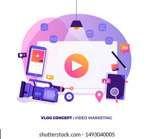 Illustration design concept VLOG. Video marketing by vlogger creation film production and online content. Motion graphic education. Vector illustrate.