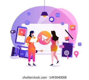 Illustration design concept VLOG. Video marketing by vlogger creation film production and online content. Motion graphic education. Vector illustrate.