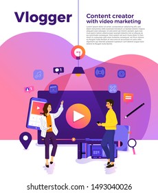 Illustration design concept VLOG. Video marketing by vlogger creation film production and online content. Motion graphic education. Vector illustrate.