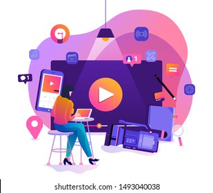 Illustration design concept VLOG. Video marketing by vlogger creation film production and online content. Motion graphic education. Vector illustrate.
