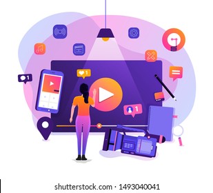 Illustration design concept VLOG. Video marketing by vlogger creation film production and online content. Motion graphic education. Vector illustrate.