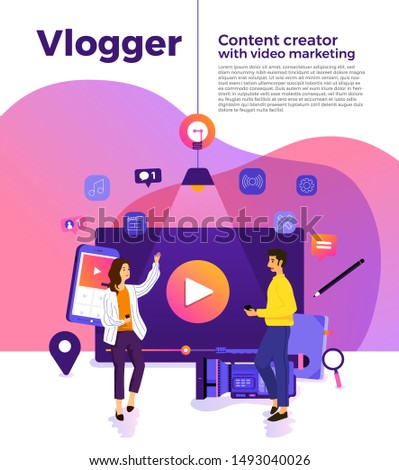 Illustration design concept VLOG. Video marketing by vlogger creation film production and online content. Motion graphic education. Vector illustrate.