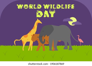 illustration design concept of world wildlife day, Concept Important dates on animals and the environment ,Animals, elephant, giraffe, flamingo.