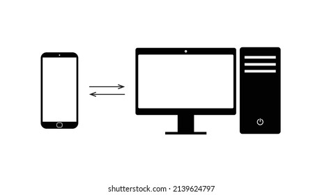 illustration design of the connection between a computer and a mobile phone. simple icon for web or app design. editable pc and smartphone vector illustration. flat design with outline style