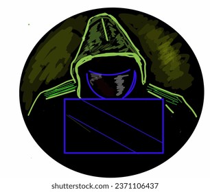 Illustration design of cool greenv hacker symbol icon in front of blue laptop