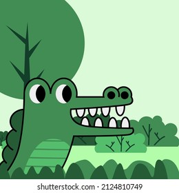 The illustration design of a crocodile in debt with a dominant green color, this illustration is suitable for children's content