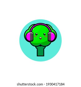 Ilustración de un lindo personaje vegetal de brócoli escuchando música