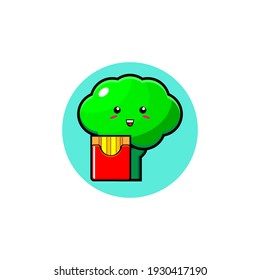 Ilustración diseño del lindo personaje vegetal de brócoli comiendo palo de papa