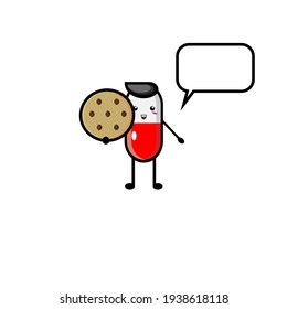 Illustration design of cute capsule medicine character eating cookies