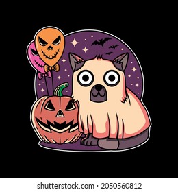 Illustration design of cute cat and ghost halloween festival with hand drawn flat style in black background. Good for logo, background, tshirt, banner