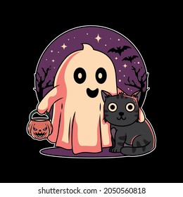 Illustration design of cute cat, pumpkin and balloon halloween festival with hand drawn flat style in black background. Good for logo, background, tshirt, banner