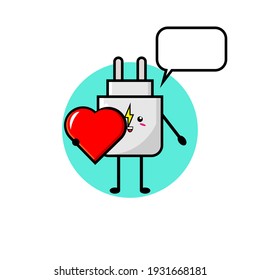 Illustration design of cute charger character carrying heart shaped pillow