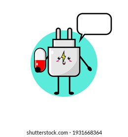 Illustration design of cute charger character carrying medicine capsule