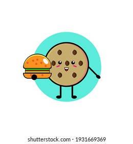 Illustration design of cute cookie character eating burger
