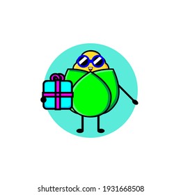 Illustration design of cute corn character carrying a gift