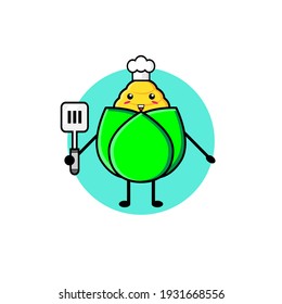 Illustration design of cute corn character carrying a spatula