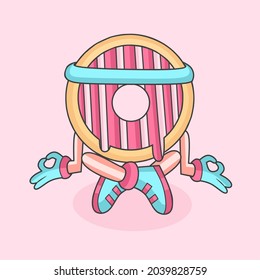 illustration design of cute donut character doing meditation. full color design concept of food and health