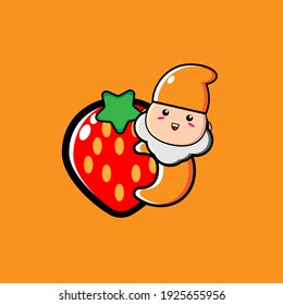 Illustration design of cute dwarf hugging a strawberry