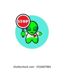 Illustration design of a cute extraterrestrial character carrying a stop sign