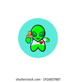 Illustration design of a cute extraterrestrial character carrying a bottle