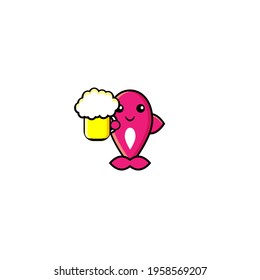 Illustration design of cute fish eating drinking beer