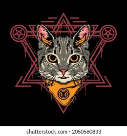 Illustration design of cute halloween cat with sacred geometry style in black background. Good for logo, background, tshirt, banner