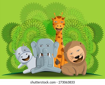 illustration design of cute jungle animal group, lion, elephant and giraffe, vector