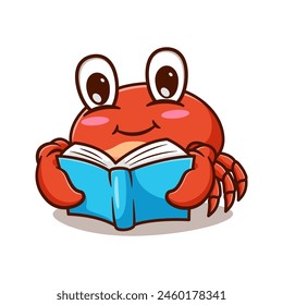 Illustration design of a cute and kawaii cartoon crab reading a book