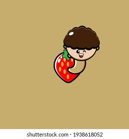 Illustration design of cute little boy character hugging a strawberry