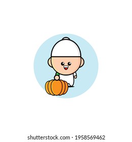 Illustration design of a cute Muslim girl carrying a pumpkin