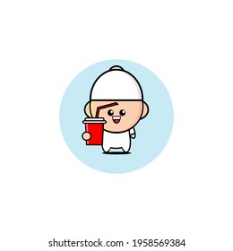 Illustration design of cute Muslim kid drinking juice