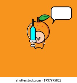 Illustration design of cute orange character carrying syringe