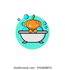 Illustration design of cute pumpkin character taking a shower