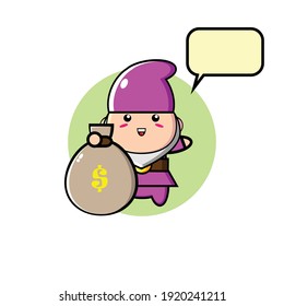 Illustration design of cute purple dwarf carrying a treasure bag