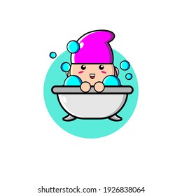 Illustration design of cute purple dwarf character taking a shower