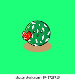 Illustration design of cute traditional "klepon" food characters eating strawberries