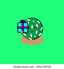 Illustration design of cute traditional "klepon" food characters carrying a gift box