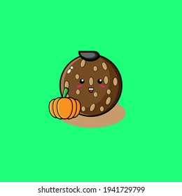 Illustration design of cute traditional "onde-onde" food character carrying pumpkin