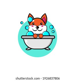 Illustration design of cute wolf character taking a shower