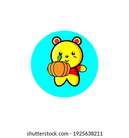 Illustration design of cute yellow bear carrying pumpkin 
