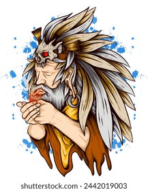 illustration design of a Dayak old man smoking